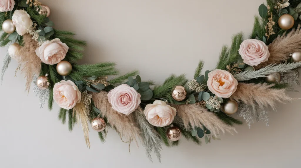 Christmas garland decorated with blush roses, pampas grass, and gold ornaments for a floral festive touch.