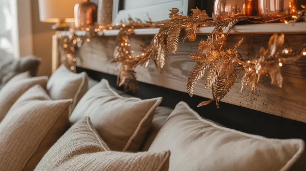 cozy copper and cream christmas decor idea with metallic garlands and beige textiles for rustic glam styling.