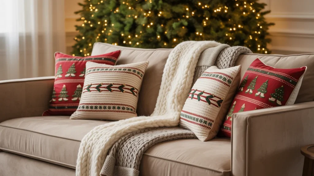 Holiday pillows and chunky throws on sofa for cozy Christmas living room look