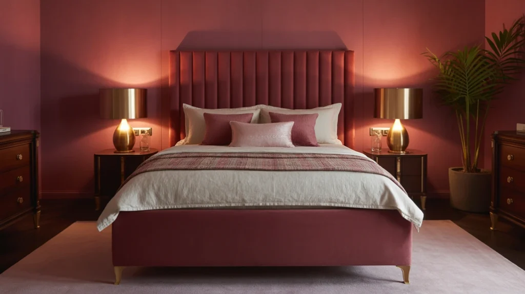 Dark pink bedroom with moody lighting and elegant furniture