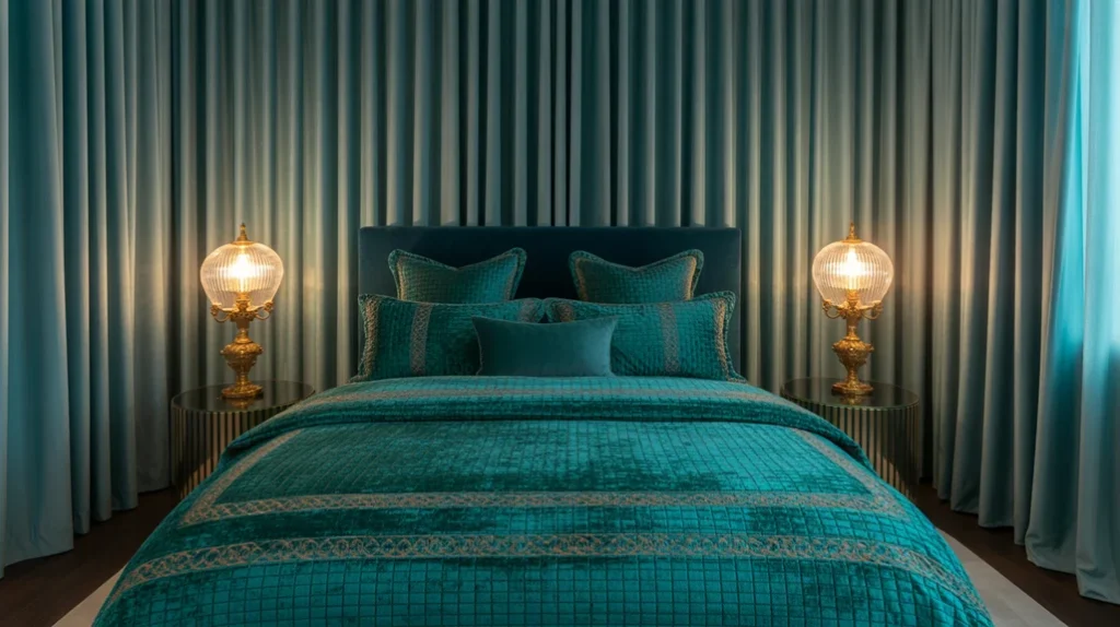Maximalist bedroom with painted decorative ceiling adding drama.