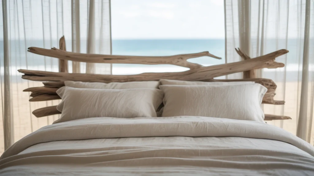 Bed with driftwood or woven cane headboard, crisp white sheets, natural coastal backdrop”
