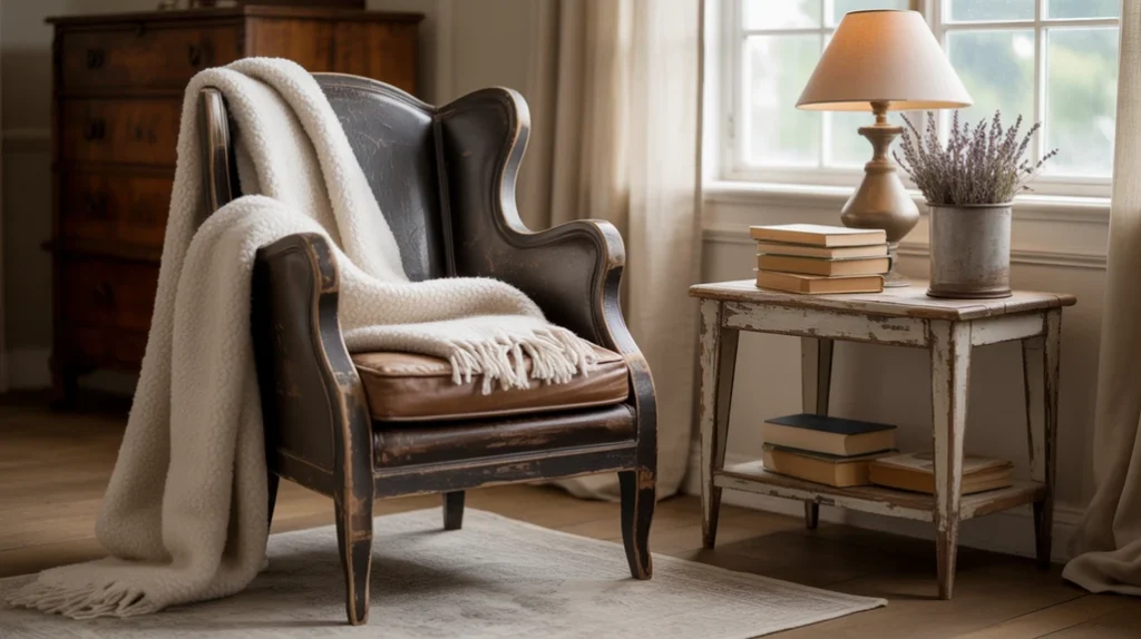 Cozy farmhouse bedroom seating corner with rustic armchair and throw.