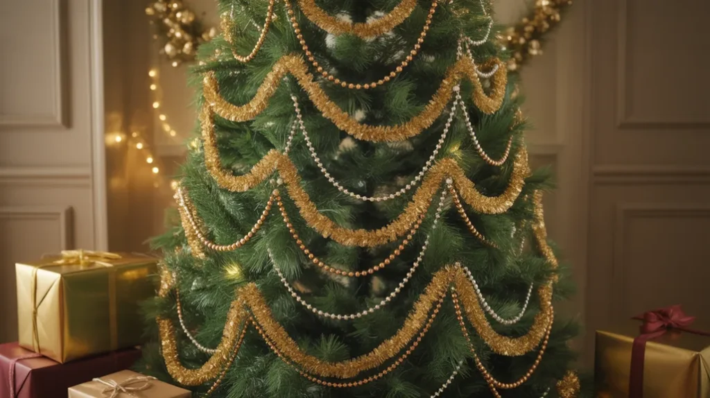 Gold garlands and metallic beaded chains draped around a festive Christmas tree.