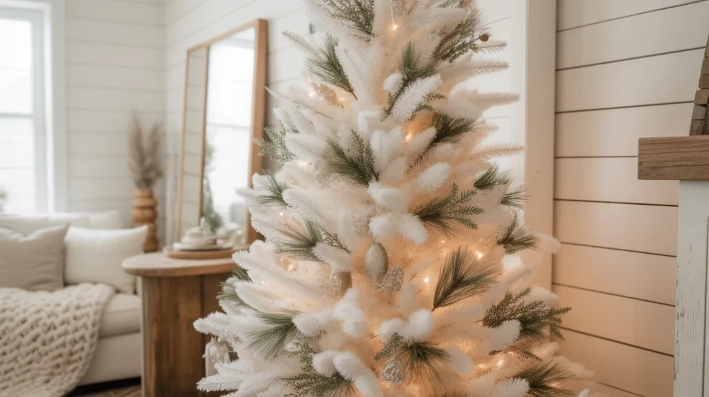White Christmas tree decorated with pine and eucalyptus sprigs for natural minimalist decor.