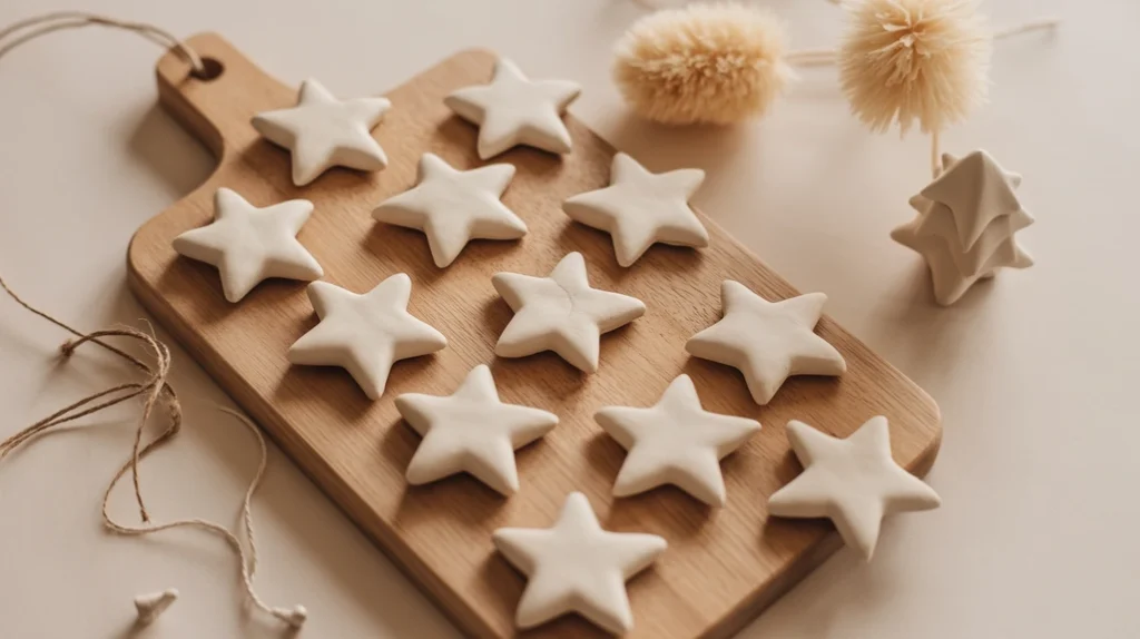 “white handmade clay star ornaments for neutral and minimalist tree design”