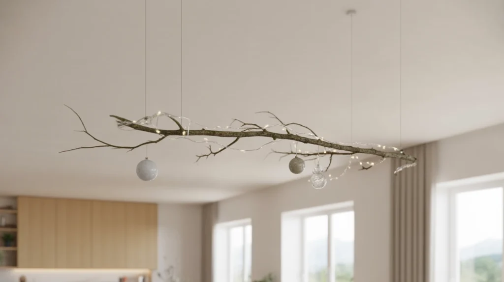 Hanging branch Christmas display with simple ornaments and fairy lights for a modern minimalist home.