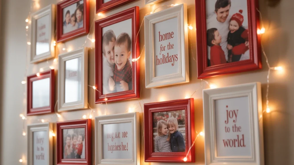 christmas gallery wall with red and white frames, holiday quotes, and fairy lights for a personalized festive display.