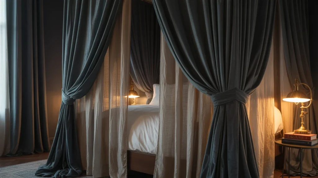 Cozy moody bedroom with layered curtains and heavy drapes.