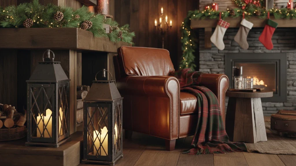Cabin Christmas decor with leather chair, iron lanterns, and wood textures for rustic lodge feel