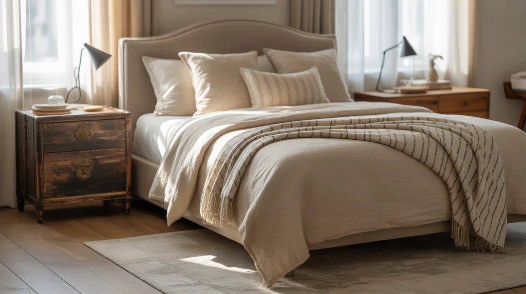 Mismatched nightstands styled to reflect individuality in eclectic bedroom design.