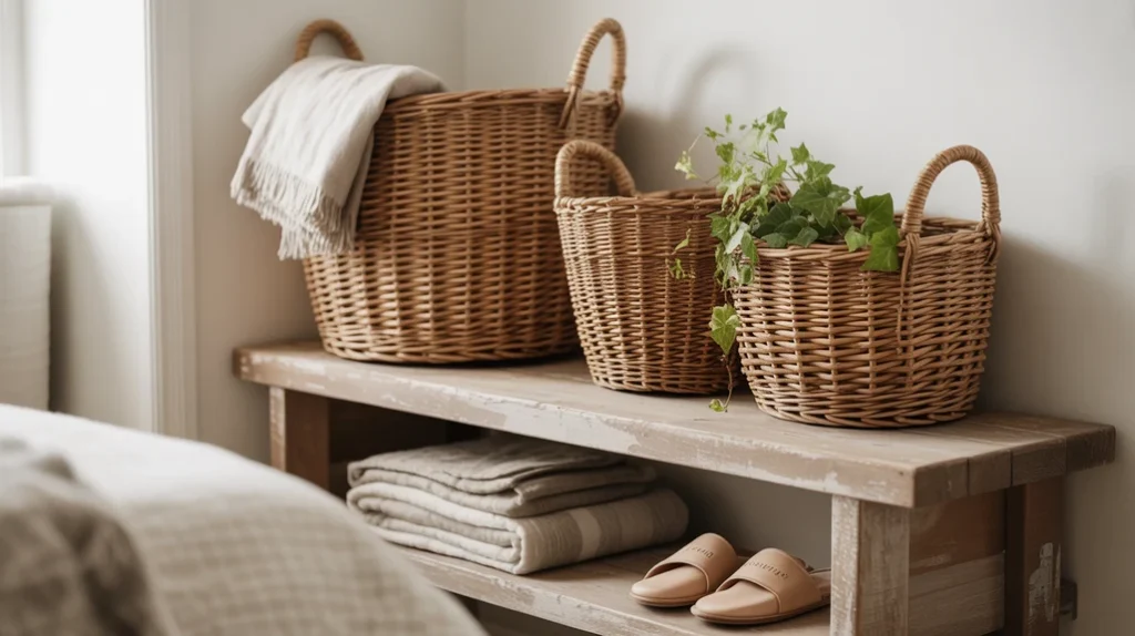 Modern farmhouse bedroom ideas with woven baskets, rustic trunk, and open shelving.