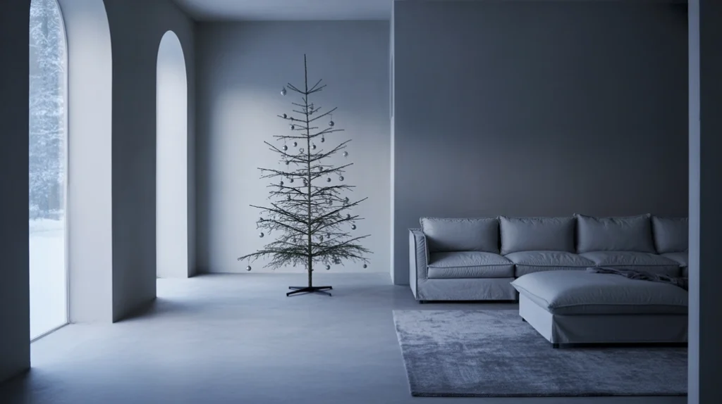 Black and white modern Christmas living room decor with silver ornaments and minimalist tree.