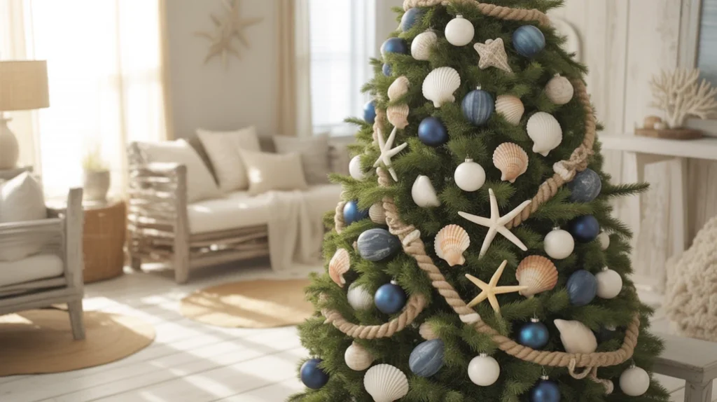 Navy and white coastal winter Christmas tree featuring seashells, starfish, and nautical accents for a seaside-inspired holiday.