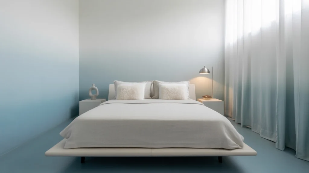 Light blue bedroom wall idea with ombre tones blending white and pale blue paint.