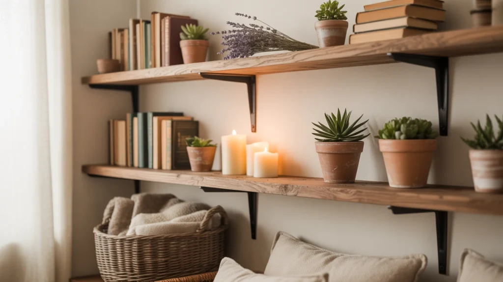 Open wooden shelving styled with books, plants, and farmhouse decor pieces.