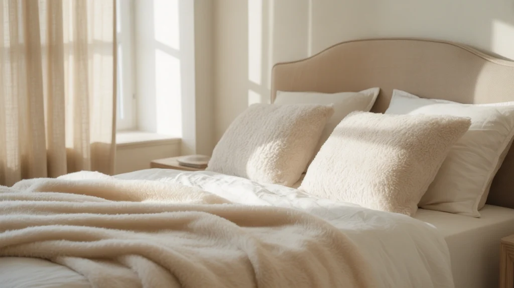 Lilac tones paired with beige and ivory for an elegant, timeless mix in purple bedroom ideas.