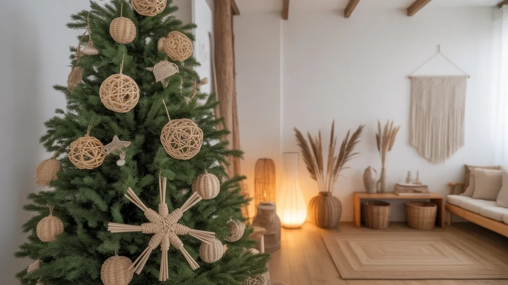 Rattan and wicker accents on a natural Christmas tree.