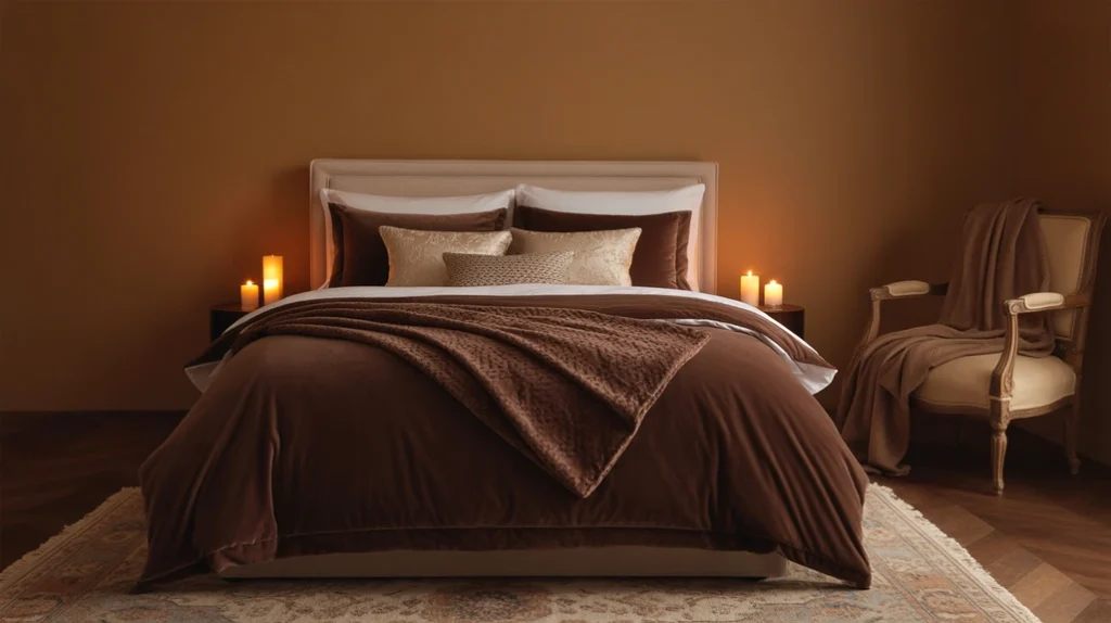 Romantic brown bedroom for couples with candles and soft lighting