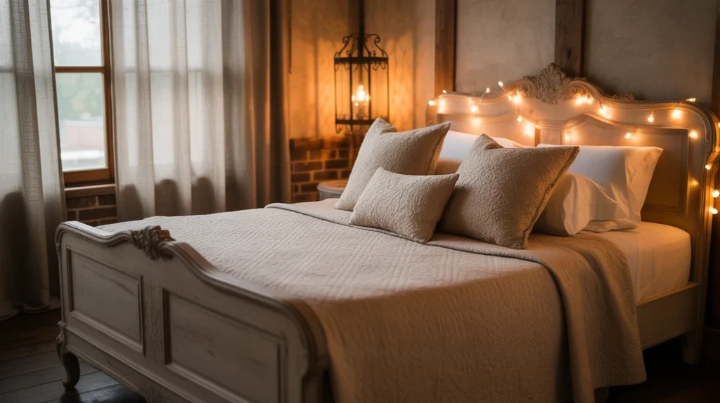 Rustic bedroom with warm lighting, lantern lamps, and cozy decor accents