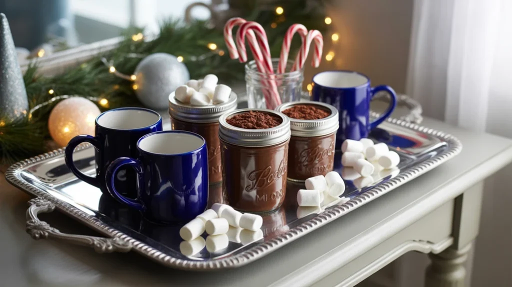 Silver tray styled as a festive hot-cocoa bar with blue mugs, marshmallows, and candy canes.