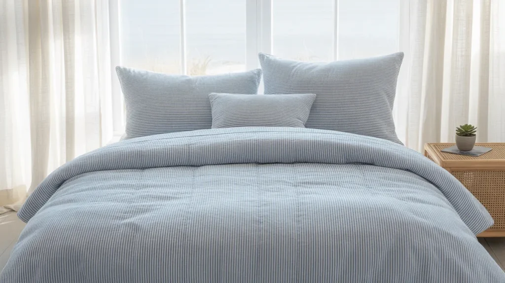 Blue and white striped and checkered bedding bringing a coastal casual style to the bedroom.