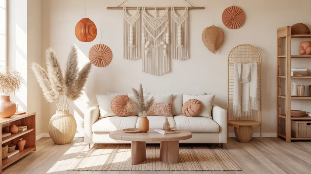 Terracotta and cream boho Christmas decor featuring pampas grass, macrame, and natural warm tones.
