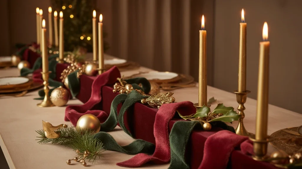 Velvet and gold Christmas setup with gold taper candles and plush stockings in elegant cozy holiday styling.