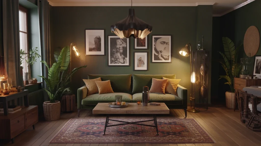 Velvet sofa and patterned rug in a moody bohemian living room with warm lighting