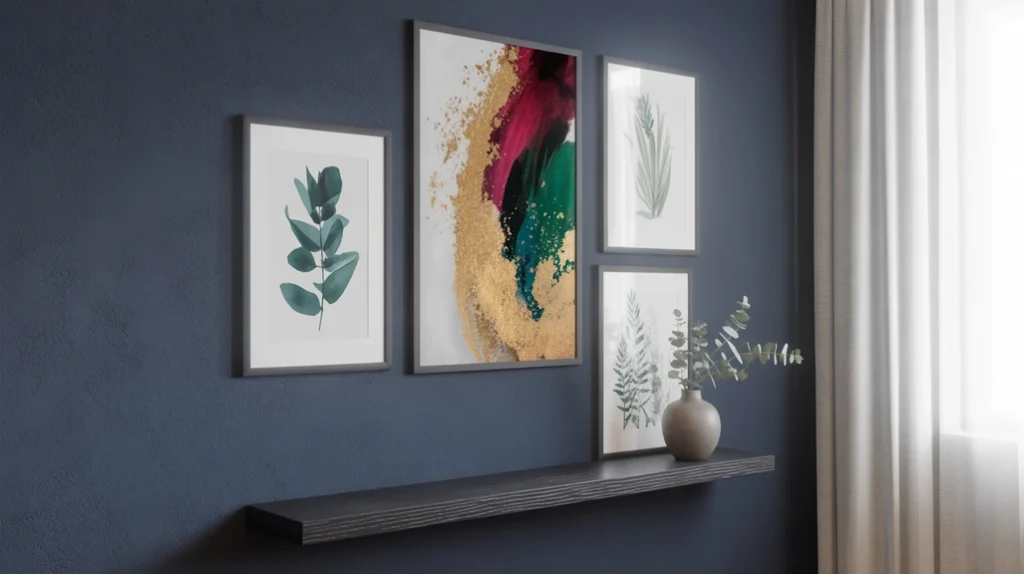 Navy blue bedroom wall art, abstract prints and framed pieces.
