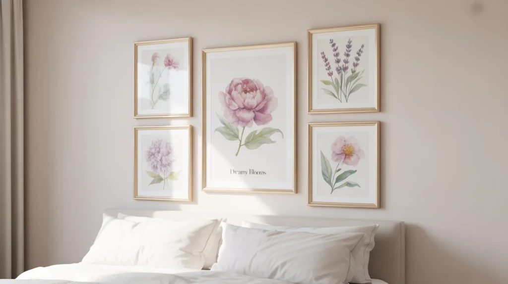 Romantic bedroom wall with floral art prints creating soft elegance.