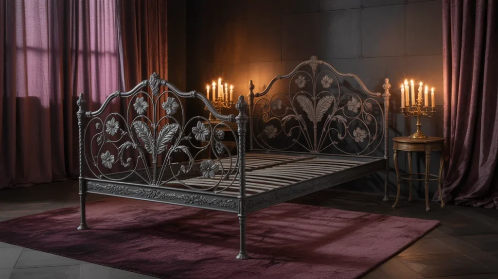 Wrought iron bed and candles — gothic witchy vibe.