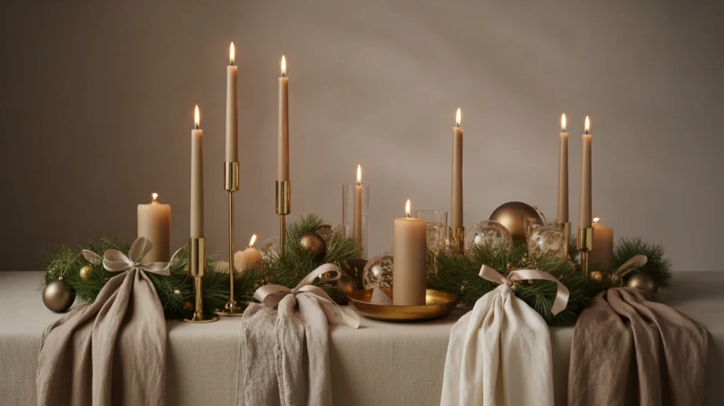 Elegant Scandinavian Neutral Christmas Palette with greige walls, bronze ornaments, and natural wood textures.