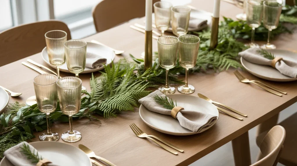 Fern greenery and soft-gold glassware arranged for an organic modern Christmas table.