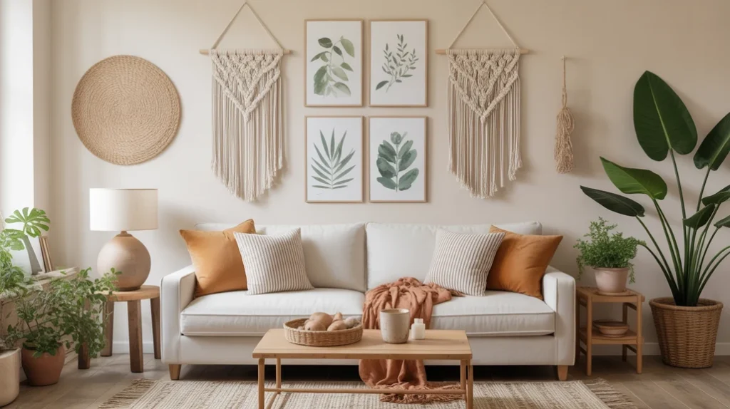 rustic wooden coffee table and ladder accents in cozy decor