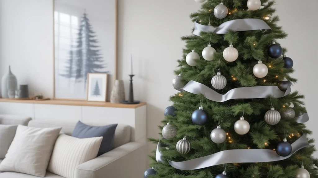 Navy, silver, and white Scandinavian Christmas tree with matte baubles, satin ribbons, and minimalist Nordic décor.