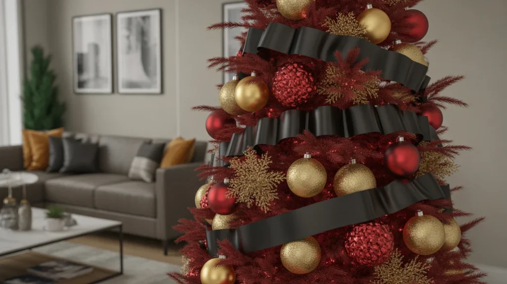 Dramatic red, gold, and black Christmas tree with satin ribbons and metallic accents for bold modern holiday interiors.