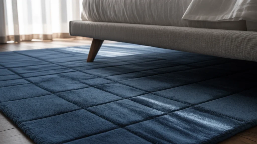 Navy blue area rug under the bed, cozy and modern.