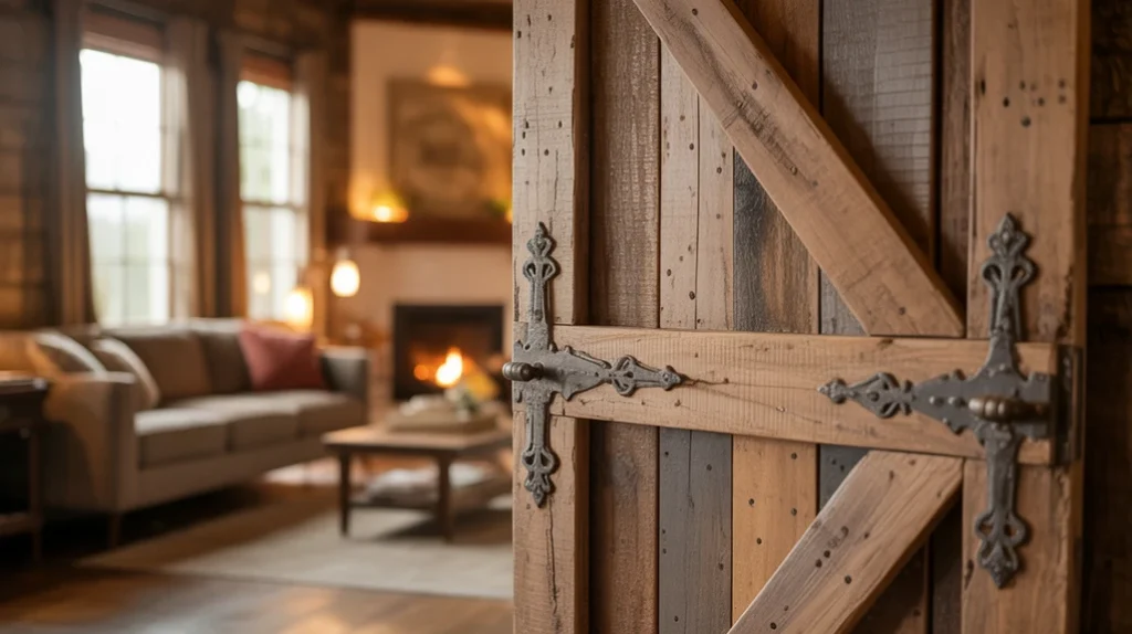 Rustic barn door with wrought iron hardware in a farmhouse living room.