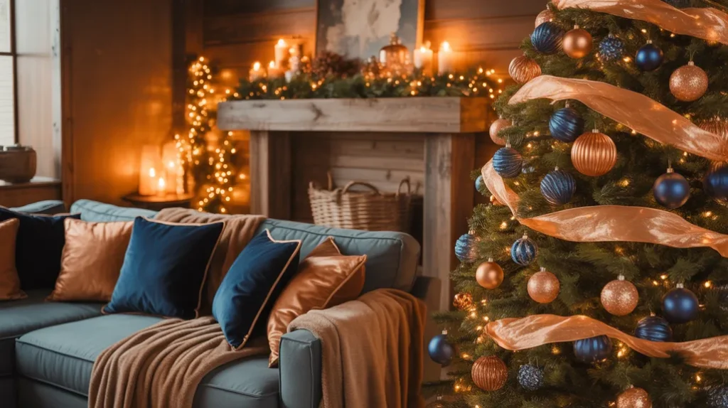 Blue and copper Christmas decorations with amber lighting and rustic textures adding warmth and cozy glow to your home.