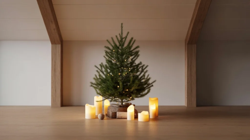 Candlelit minimalist Christmas tree with warm ambient lighting and Scandinavian-inspired decor.
