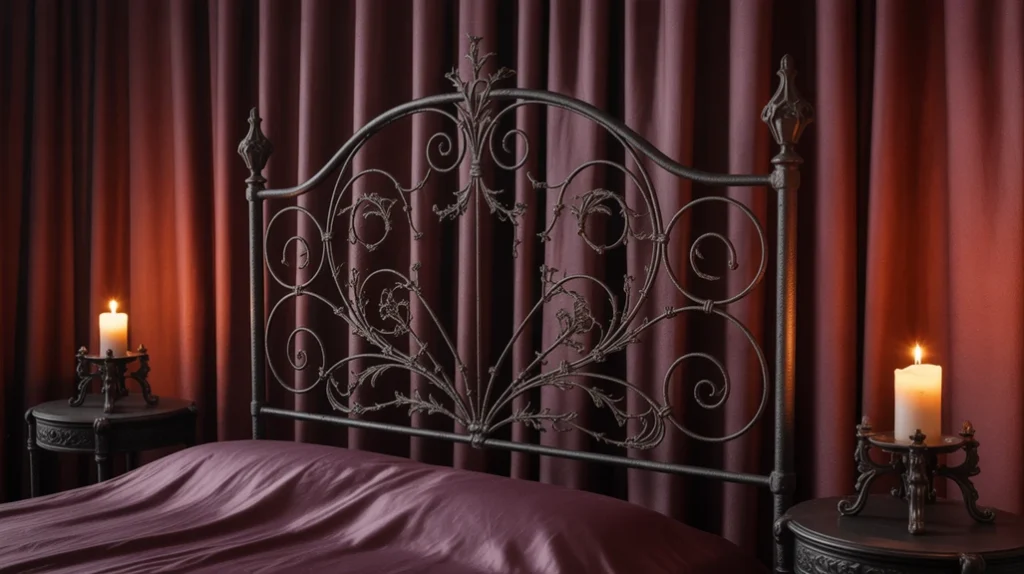 Canopy bed with lace and fairy lights — cozy witchy style.