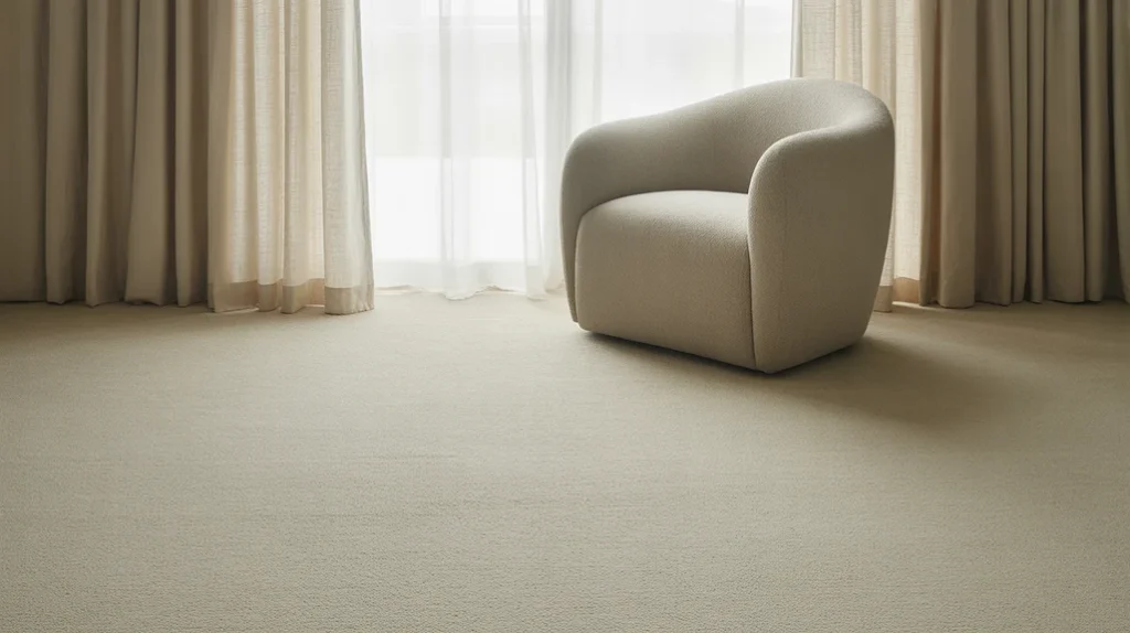 Cream rug grounding the space in a soothing blue and cream bedroom interior.