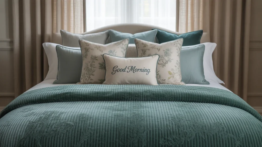 Decorative pillows in velvet and linen adding texture to cozy bedroom design