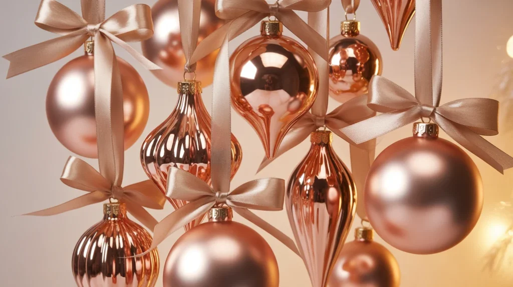 dusty rose and champagne holiday color palette featuring soft pink ornaments and neutral elegance.
