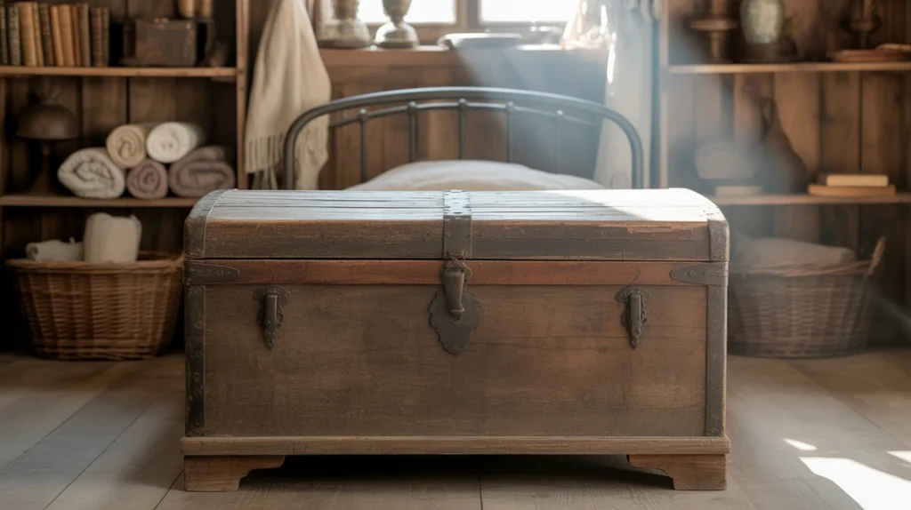 Farmhouse bedroom décor with rustic trunk, woven baskets, and farmhouse shelving.