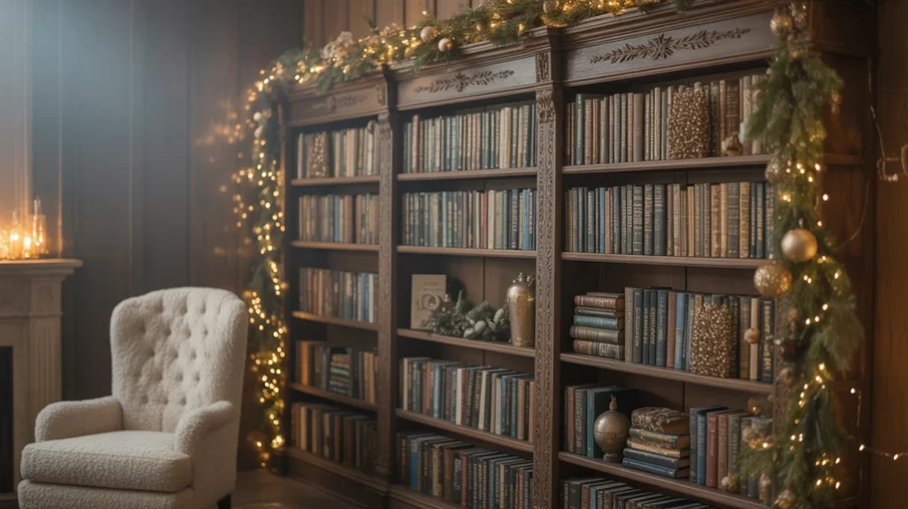 Bookshelf styled with ornaments, pine branches, and small lights for Christmas home decor