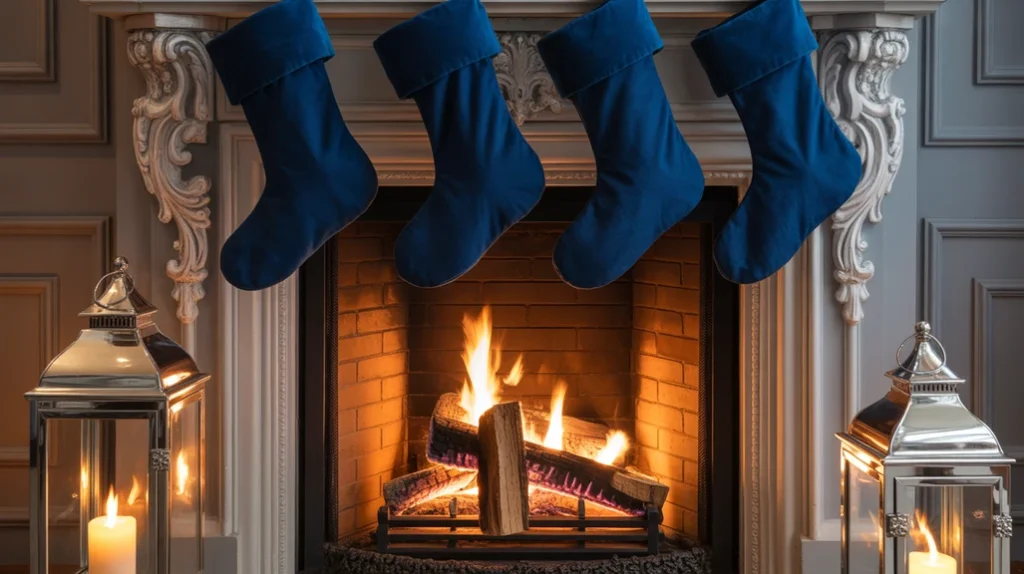 Fireplace with silver mirror, blue stockings, and lanterns glowing in warm holiday light.