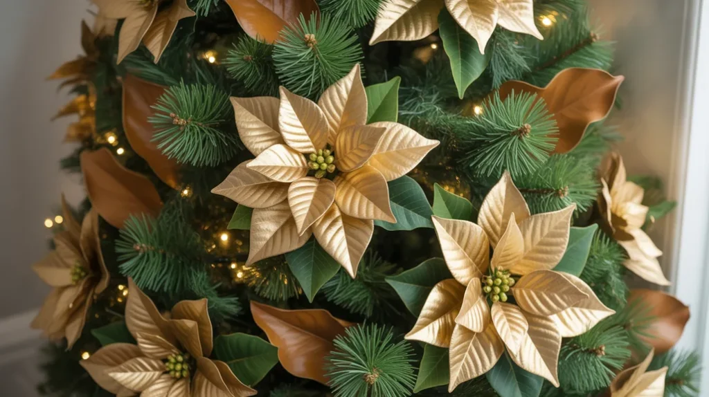 Gold poinsettias and magnolia leaves adding lush floral texture to a Christmas tree.