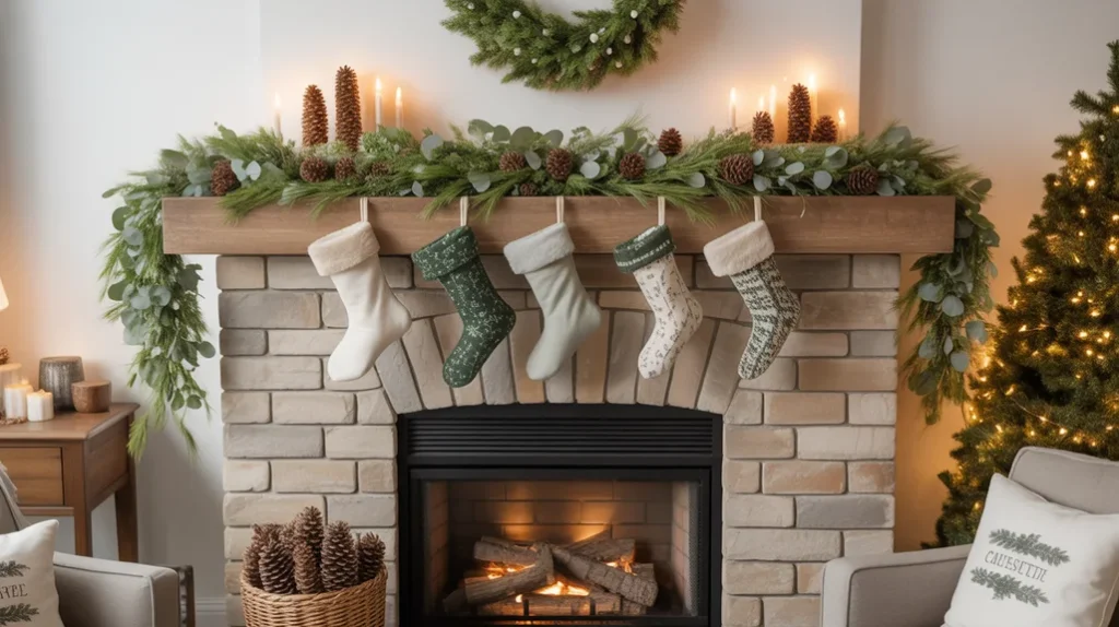 Greenery garlands with eucalyptus and pinecones draped on fireplace mantel for cozy cabin Christmas look